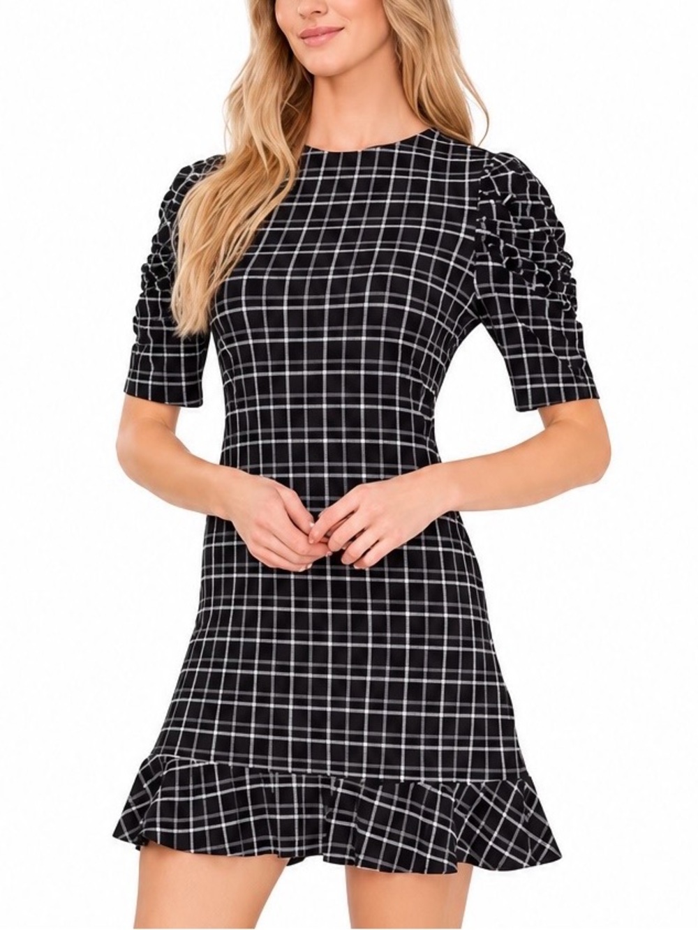 CeCe Black and White Plaid Ruffle-Hem Mini Dress NWT